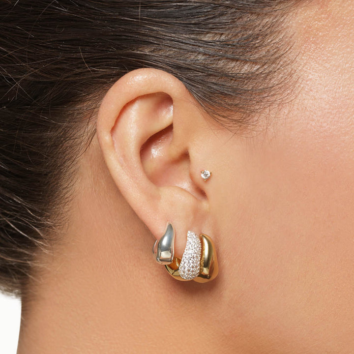 Medley Earrings Midi White Topaz Pave Wave Huggies Dome in Gold