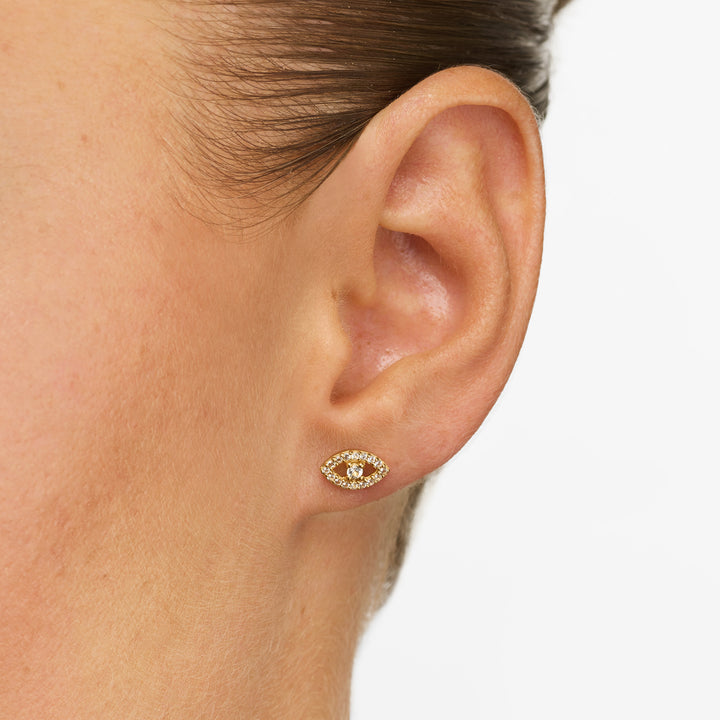White Topaz Evil Eye Stud Earrings in Gold