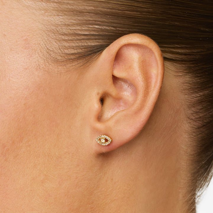 White Topaz Evil Eye Stud Earrings in Gold