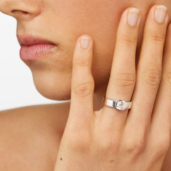White Topaz Square Bezel Cigar Band in Silver