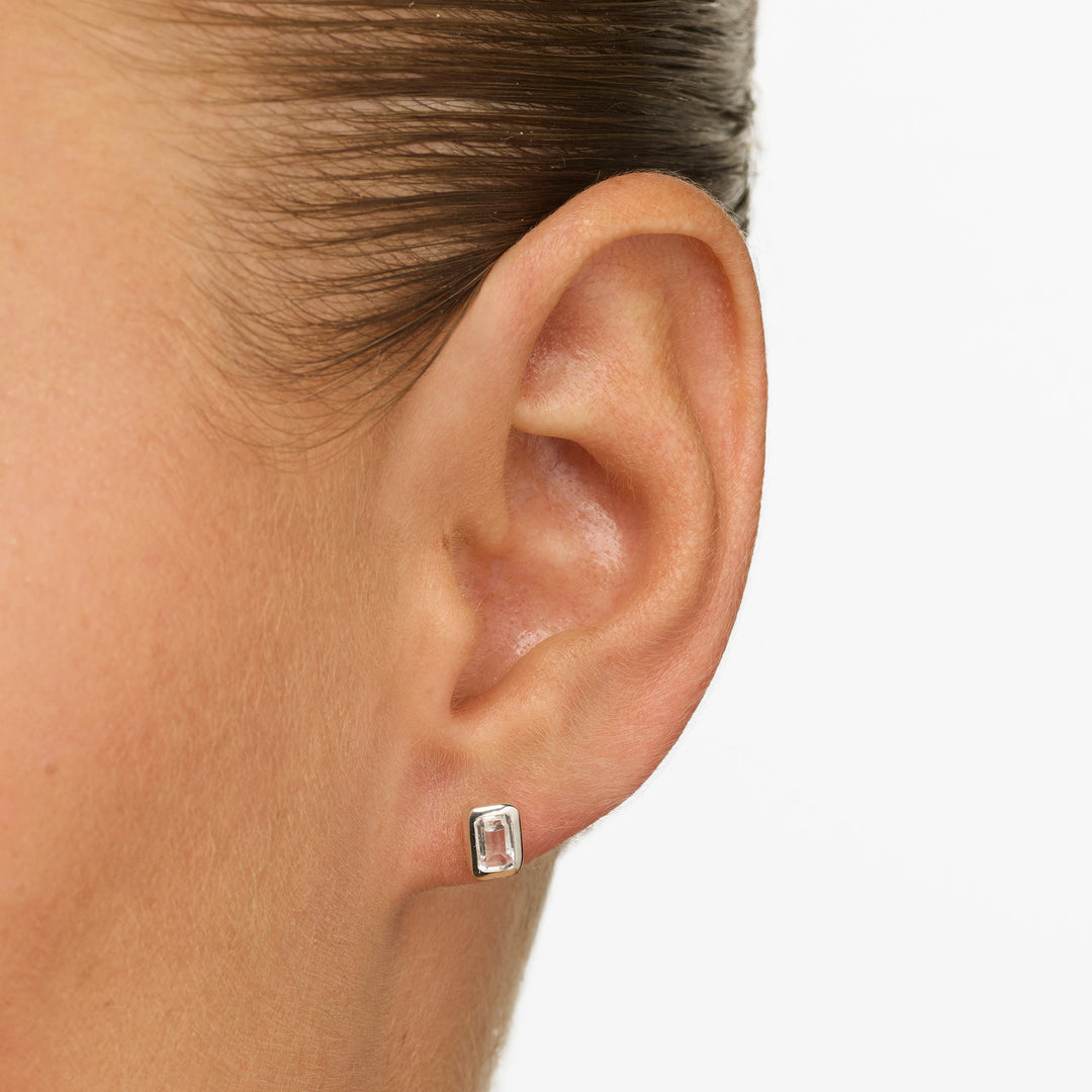 White Topaz Emerald Cut Stud Earrings in Silver