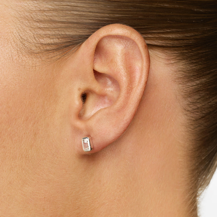 White Topaz Emerald Cut Stud Earrings in Silver