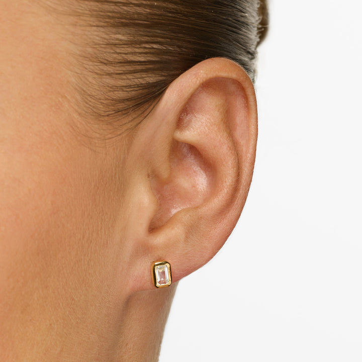White Topaz Emerald Cut Stud Earrings in Gold