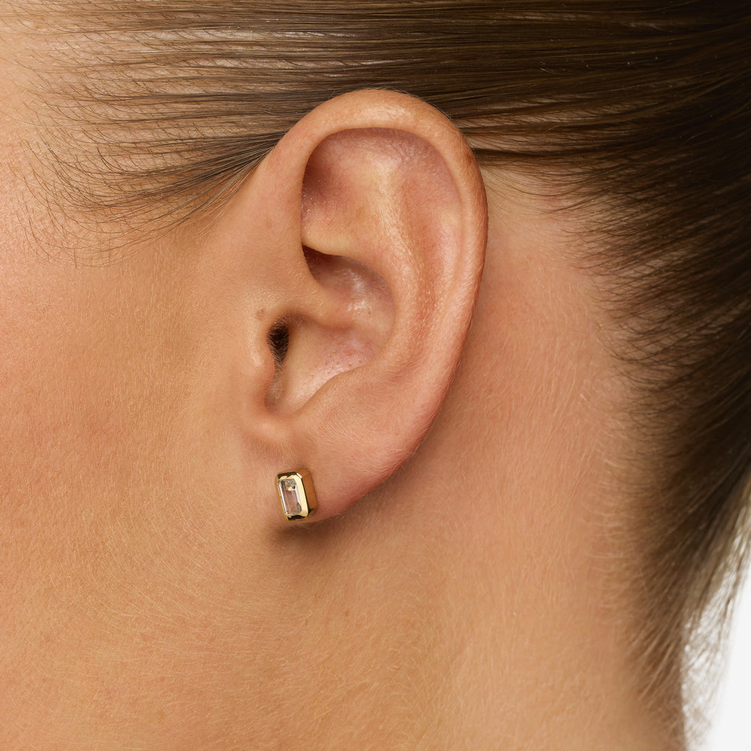 White Topaz Emerald Cut Stud Earrings in Gold