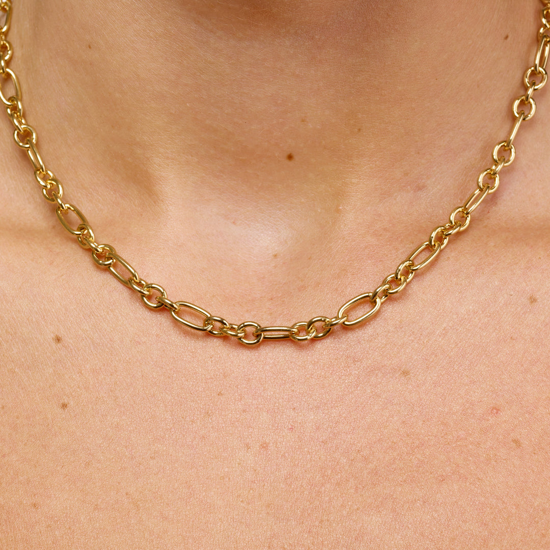 Alternating Rolo Paperclip Chain Necklace in Gold