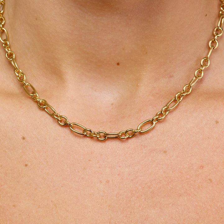 Alternating Rolo Paperclip Chain Necklace in Gold