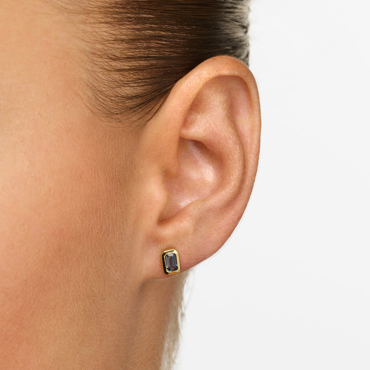 Blue Topaz Emerald Cut Stud Earrings in Gold