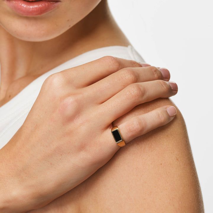 Rectangle Black Onyx Unisex Pinky Ring in Gold