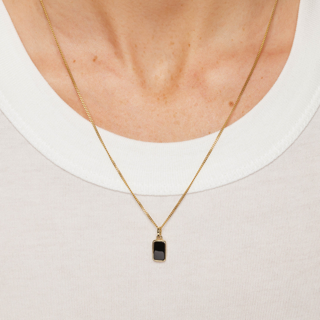 Micro Black Onyx Unisex Pendant Necklace in Gold