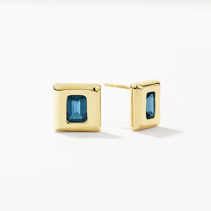 Blue Topaz Square Statement Earrings in Gold