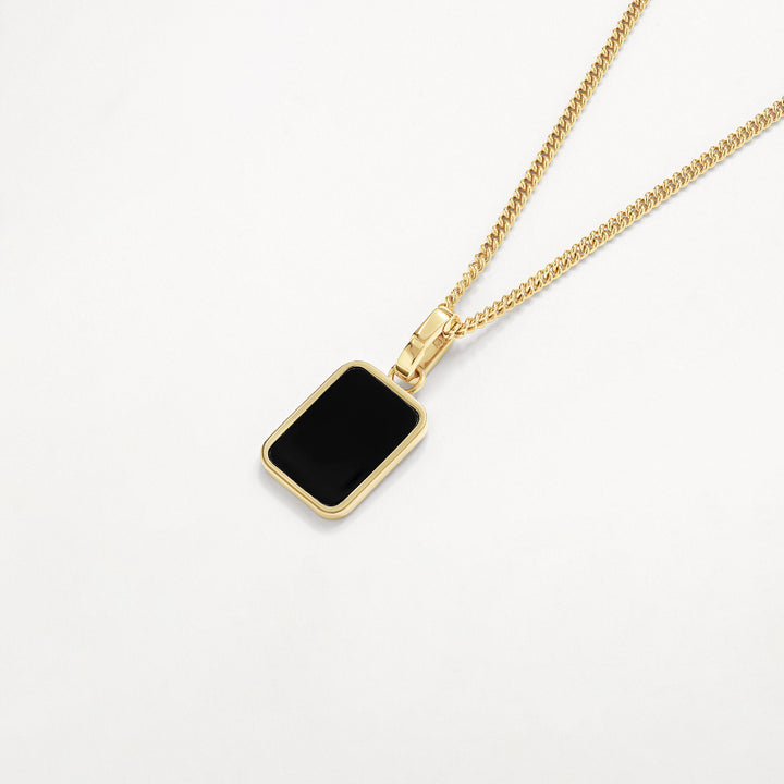 Black Onyx Unisex Curb Chain Pendant Necklace in Gold