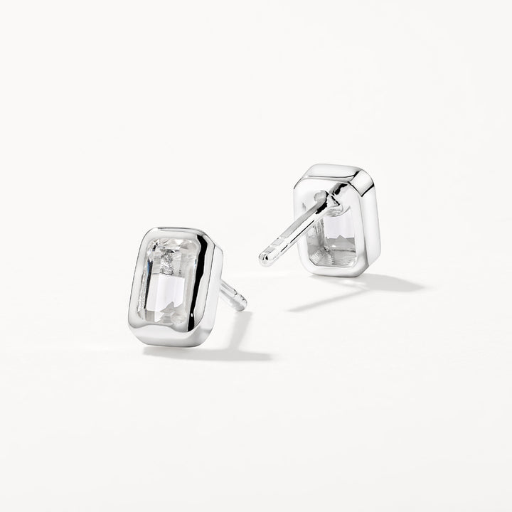 White Topaz Emerald Cut Stud Earrings in Silver