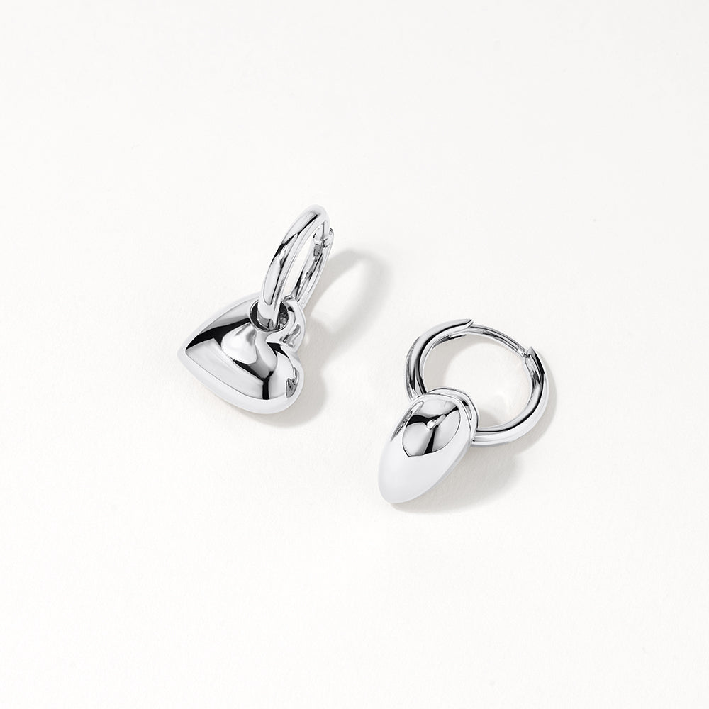 Puff Heart Drop Huggie Earrings in Silver