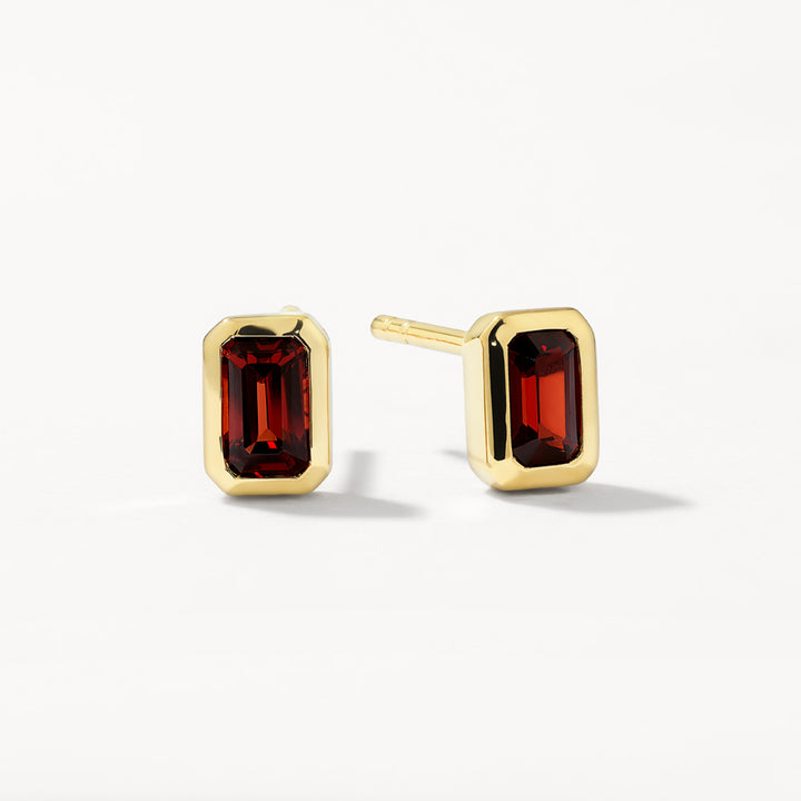 Red Garnet Emerald Cut Stud Earrings in Gold
