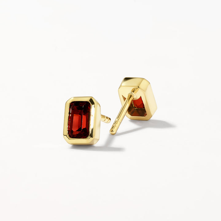 Red Garnet Emerald Cut Stud Earrings in Gold