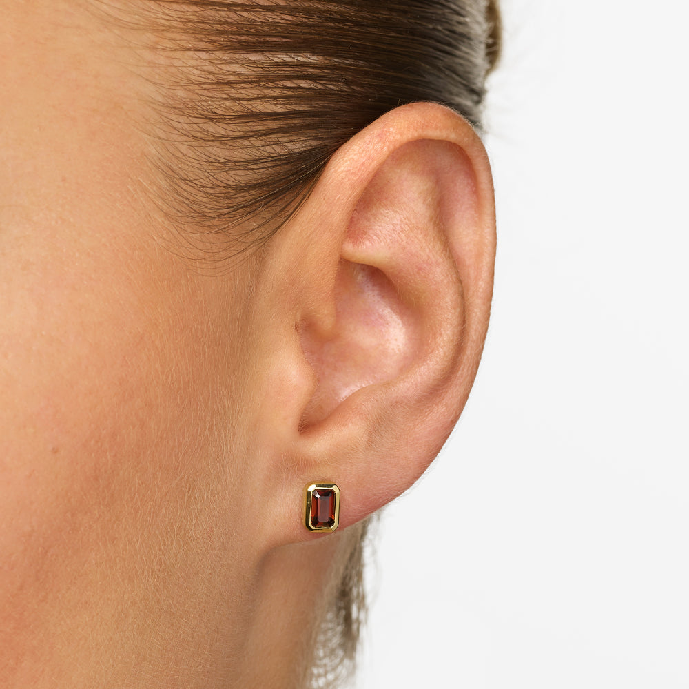 Red Garnet Emerald Cut Stud Earrings in Gold