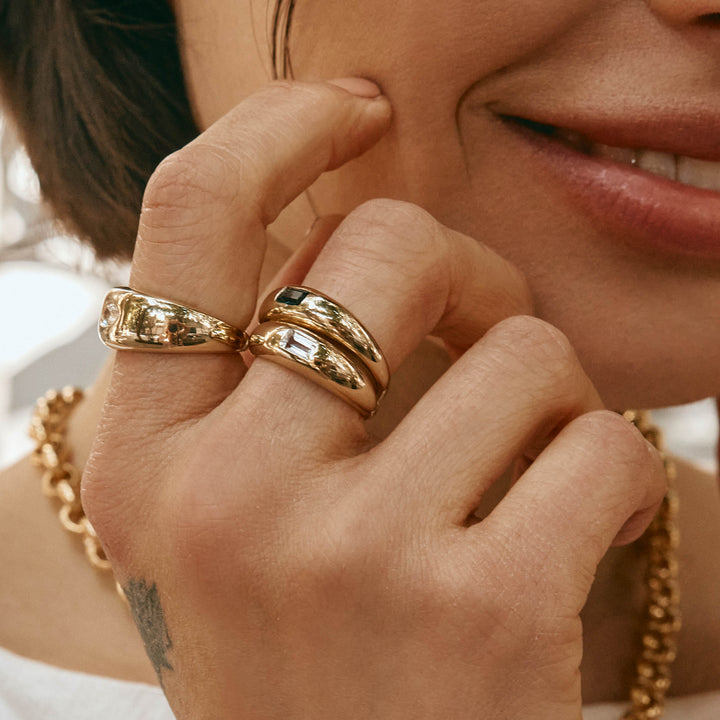 White Topaz Marquise Curve Pinky Ring in Gold