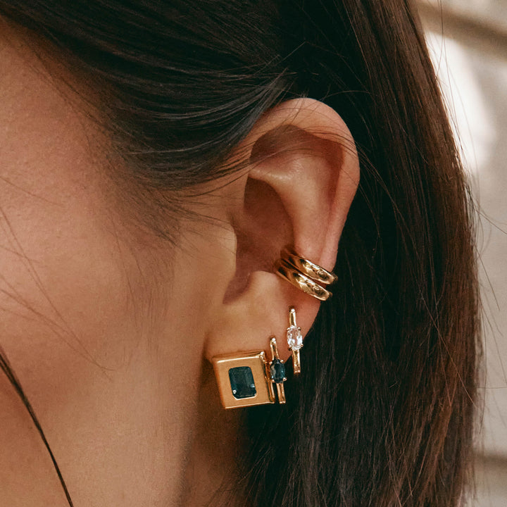 Blue Topaz Square Statement Earrings in Gold