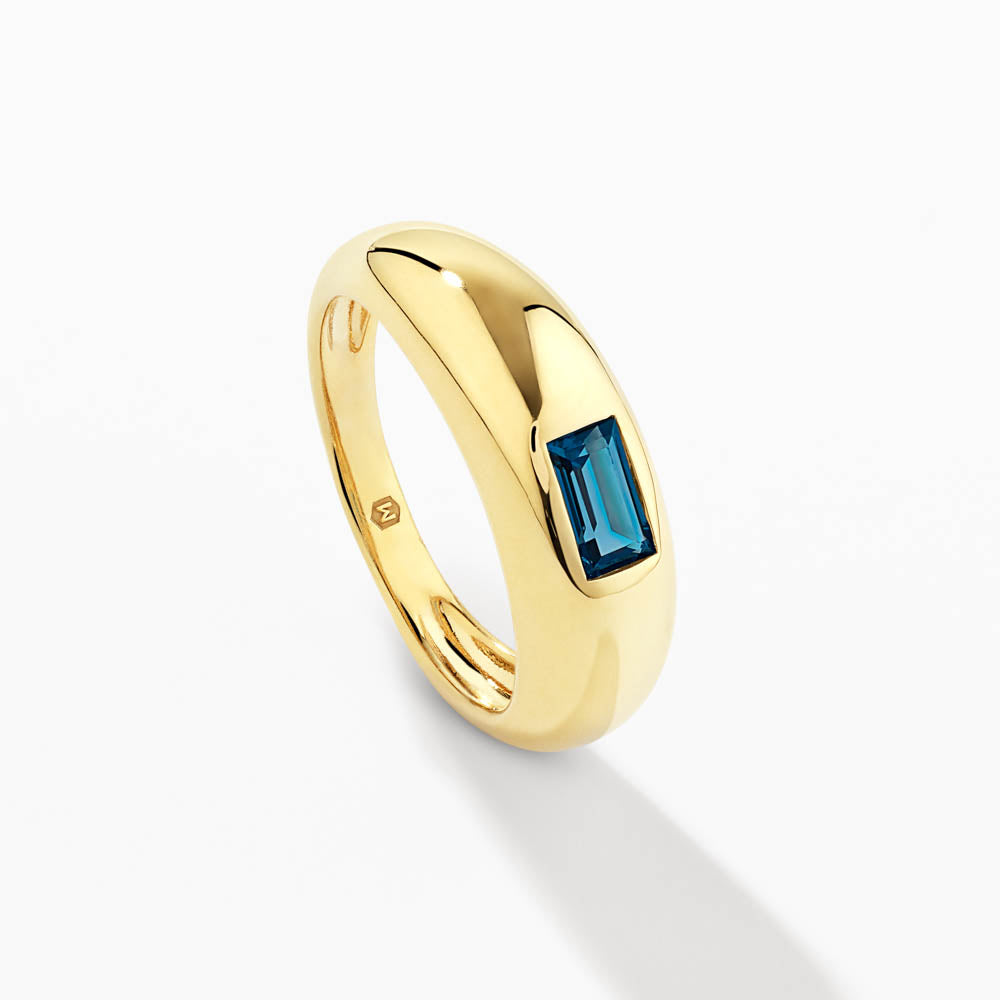 Blue Topaz Baguette Curve Pinky Ring in Gold