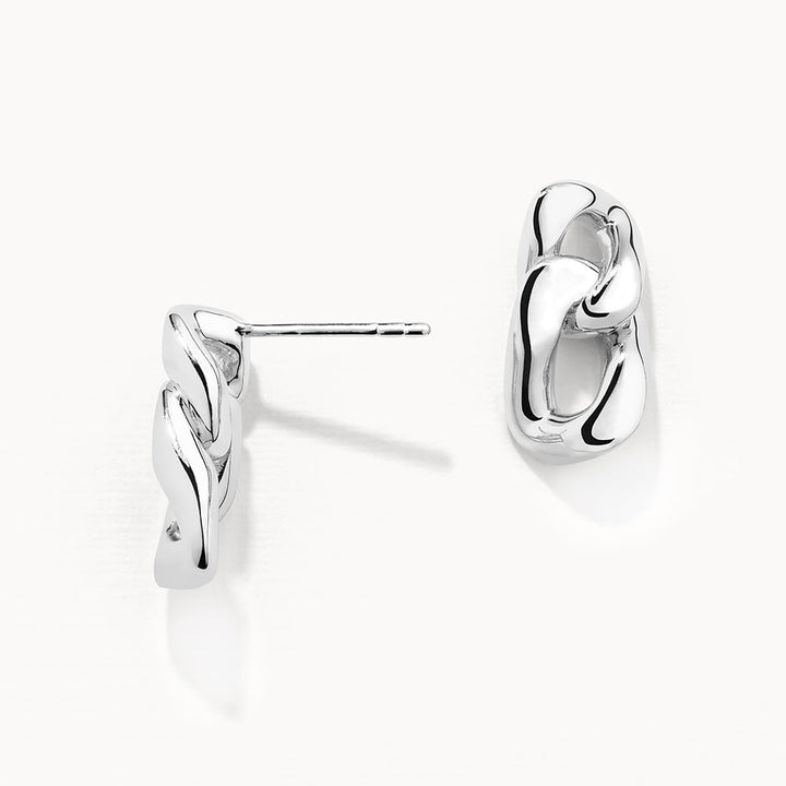 Curb Chain Link Stud Earrings in Silver