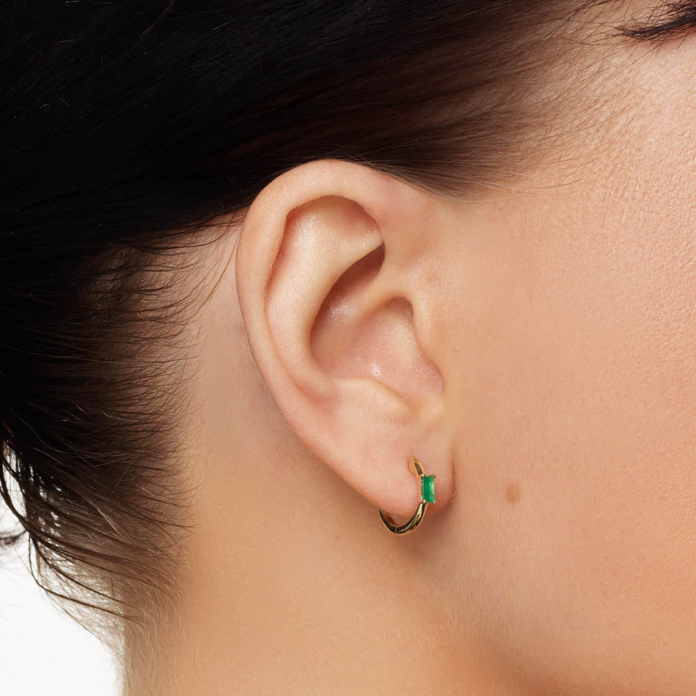 Medley Earrings Emerald Baguette Huggie Hoops in 10k Gold