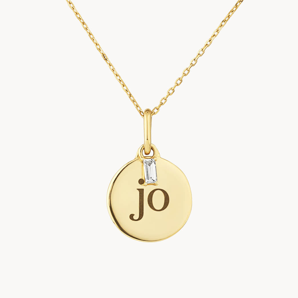 Medley Necklace Engravable Disc Laboratory-Grown Diamond Baguette Necklace in 10k Gold