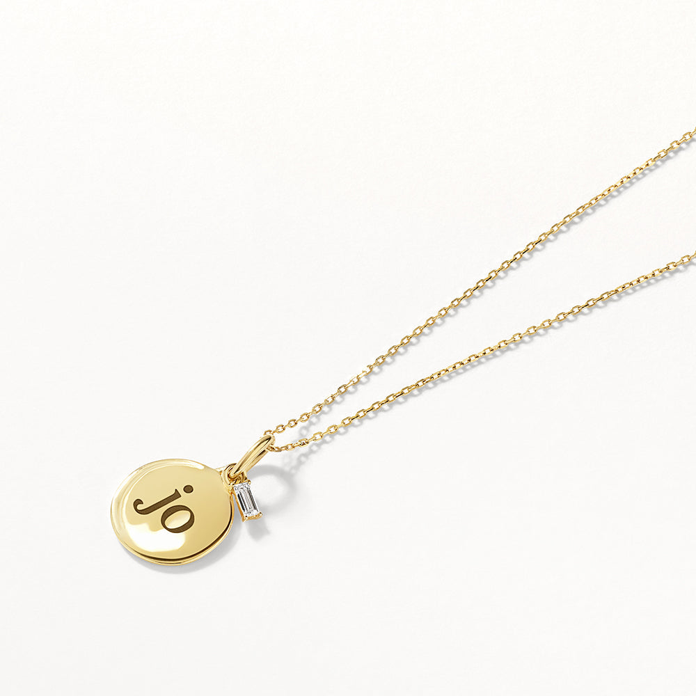 Medley Necklace Engravable Disc Laboratory Grown Diamond Baguette Necklace in 10k Gold