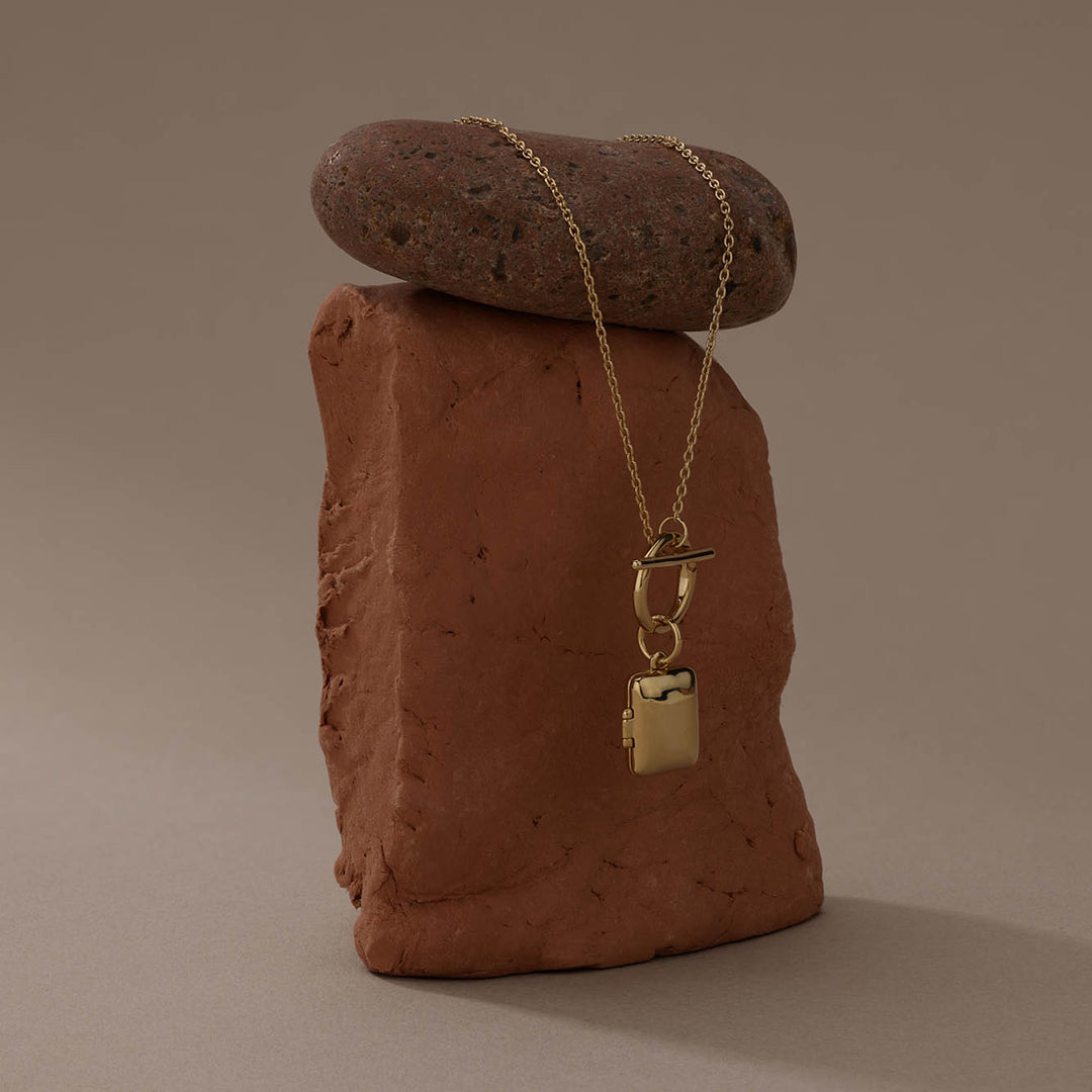 Medley Necklace Engravable Rectangle Locket Fob Chain Necklace in Gold