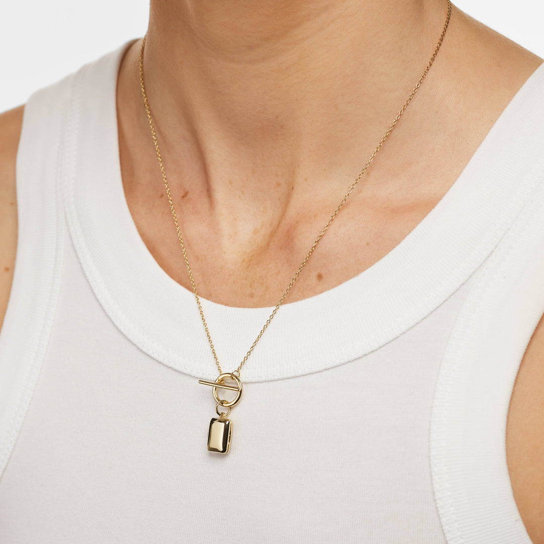 Medley Necklace Engravable Rectangle Locket Fob Chain Necklace in Gold