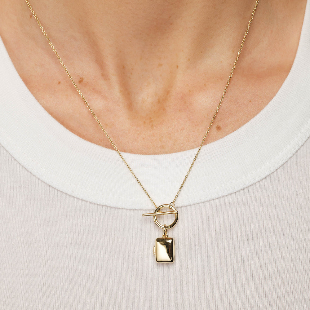Medley Necklace Engravable Rectangle Locket Fob Chain Necklace in Gold