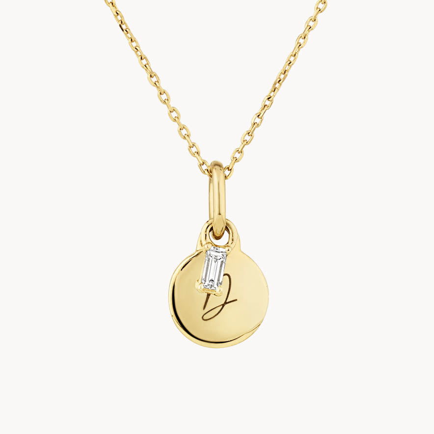 Medley Necklace Mini Engravable Disc Laboratory-Grown Diamond Baguette Necklace in 10k Gold