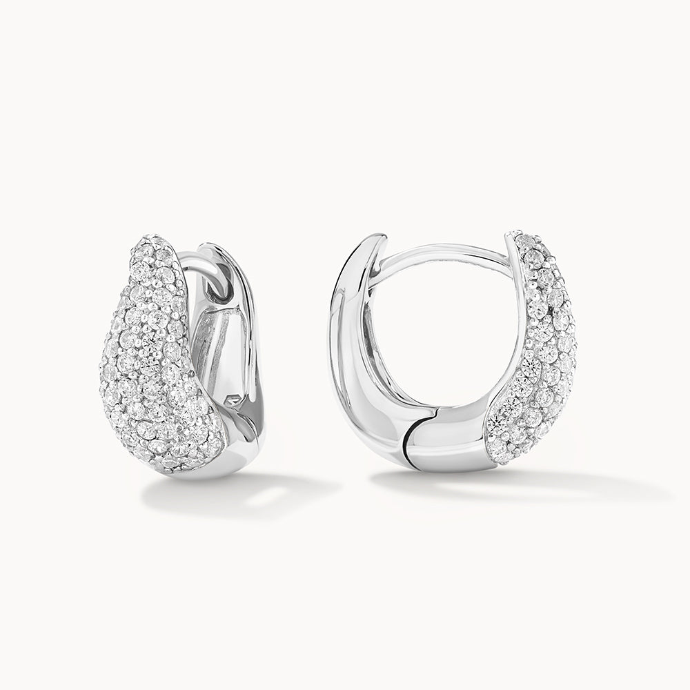 Medley Earrings Mini White Topaz Pave Wave Dome Huggies in Silver