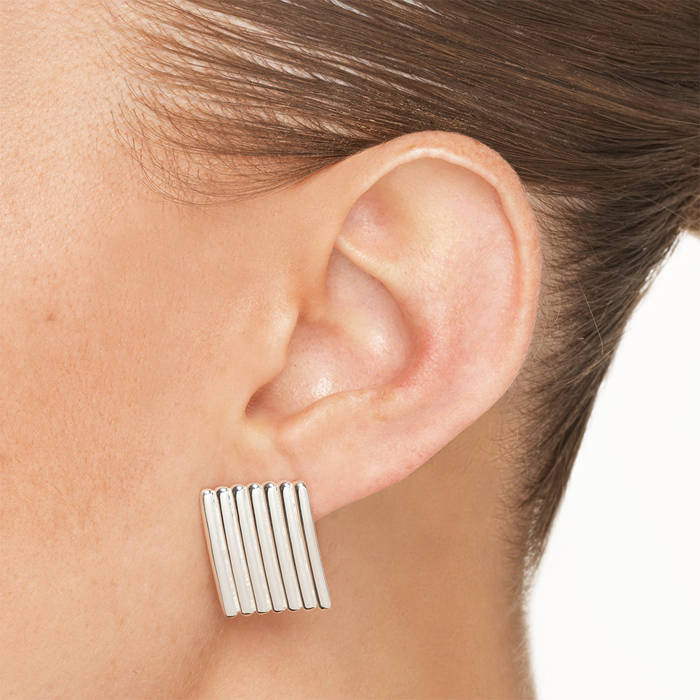 Medley Earrings Ribbed Square Stud Earrings in Silver