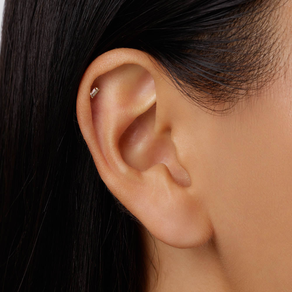 Medley Earrings White Sapphire Baguette Helix Single Stud Earring in 10k Gold