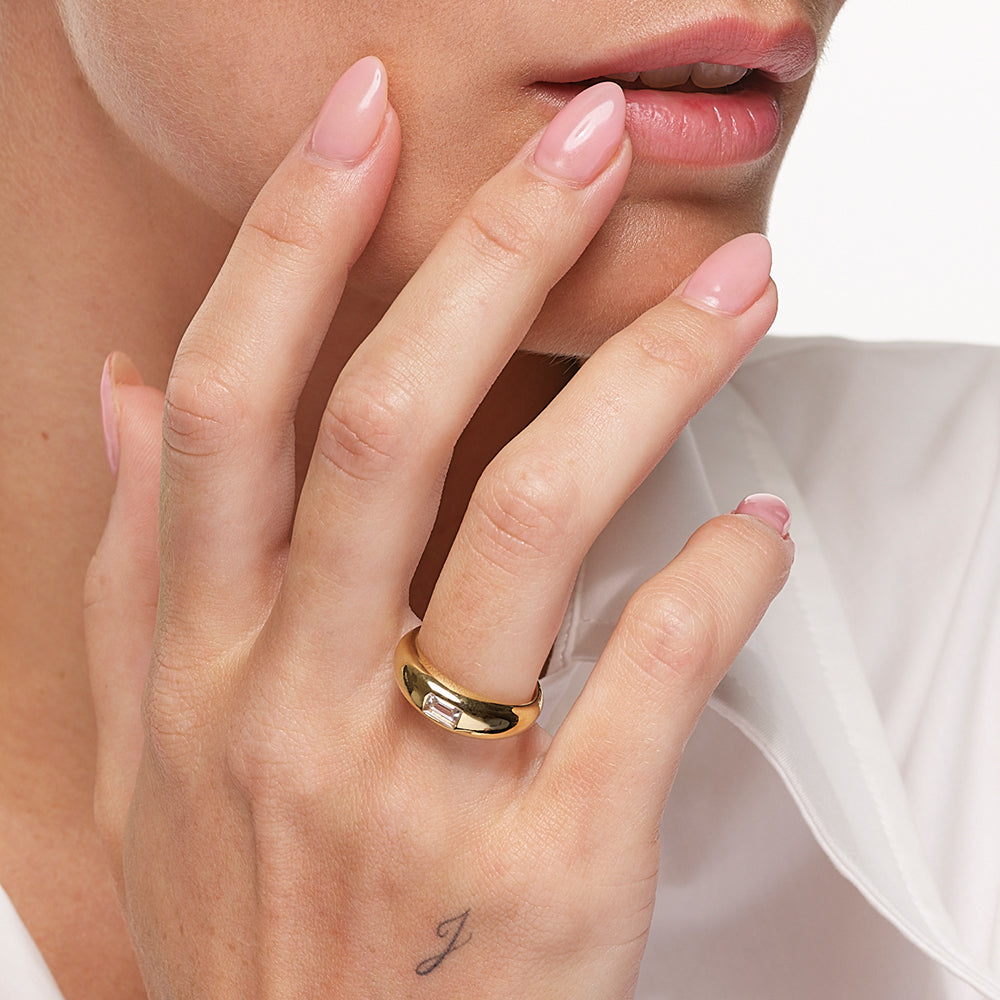 Medley Ring White Topaz Baguette Curve Pinky Ring in Gold