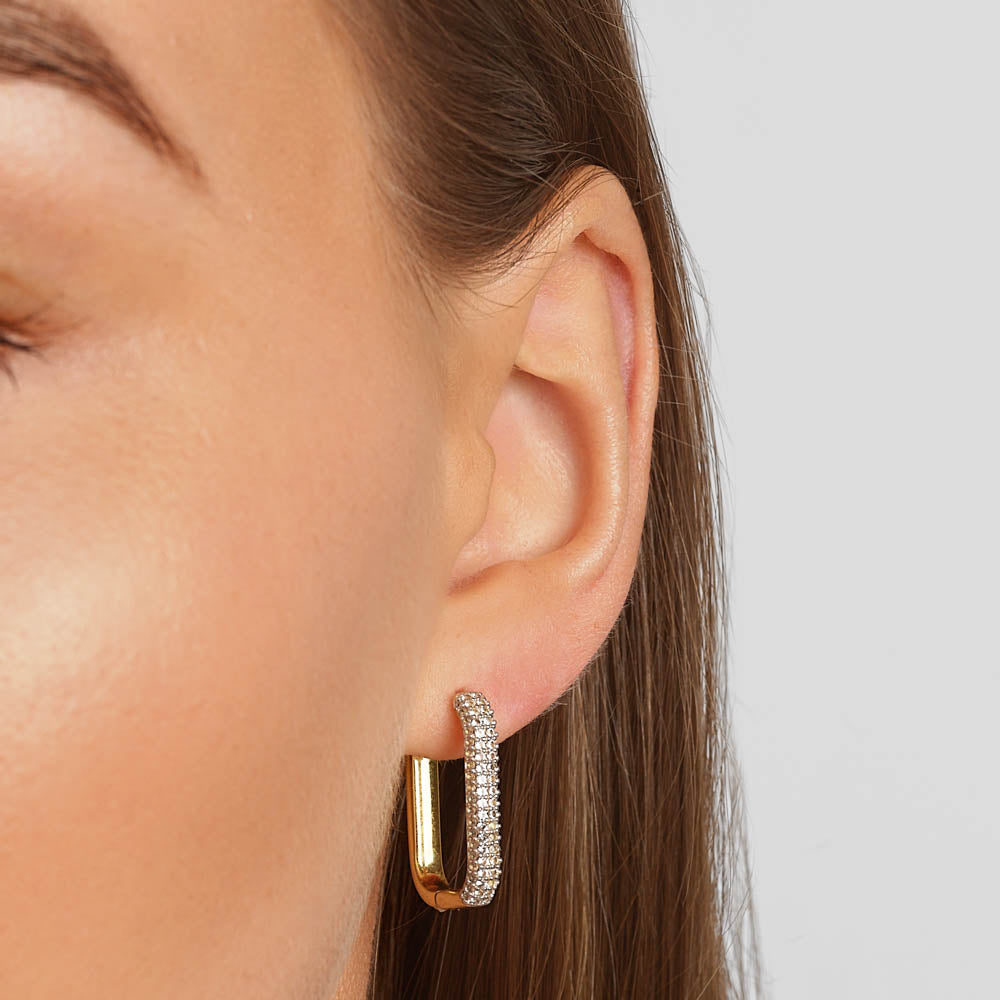 White Topaz Midi Pave Paperclip Earrings in Gold