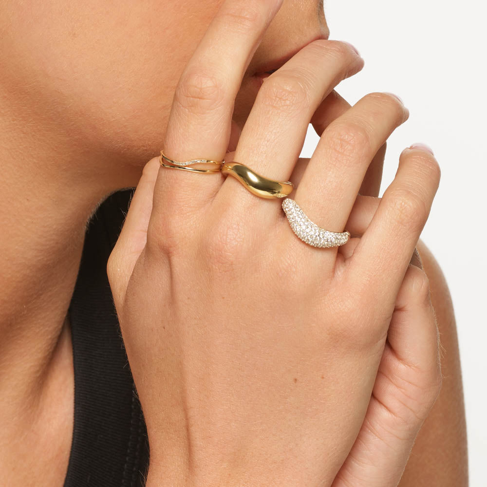 White Topaz Pave Wave Dome Ring in Gold