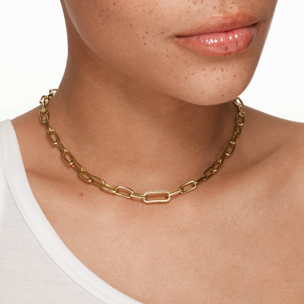 Medley Necklace White Zircon Pave Link Paperclip Chain in Gold