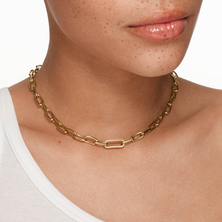 Medley Necklace White Zircon Pave Link Paperclip Chain in Gold