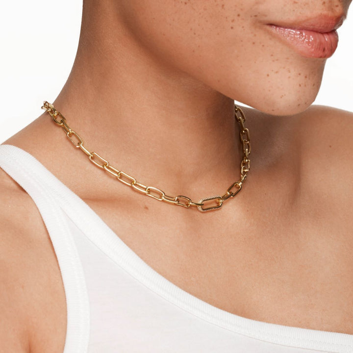 Medley Necklace White Zircon Pave Link Paperclip Chain in Gold